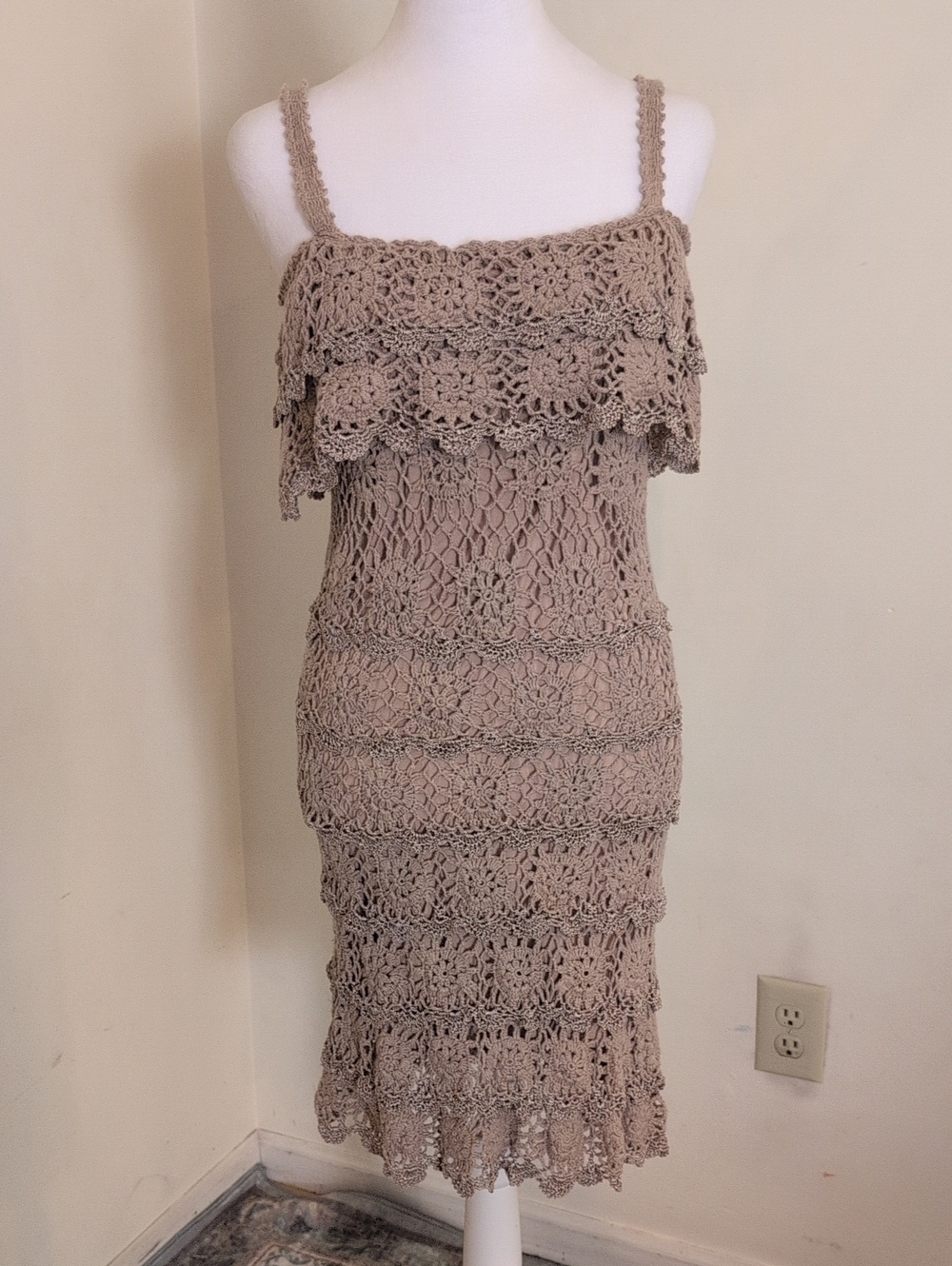 VENUS Super Stretchy Taupe Crochet Midi Dress with Ruffled Yoke